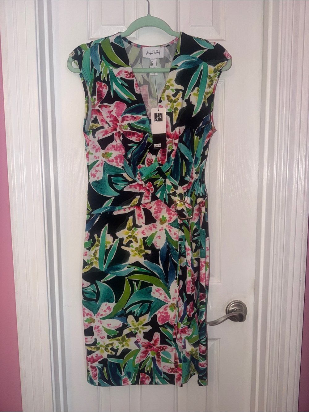 Joseph Ribkoff Floral Wrap Sheath Dress in Black and Teal. NWT